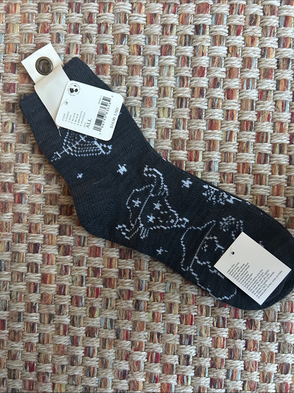 Free People Black Crew Socks with White Dinosaur Motif